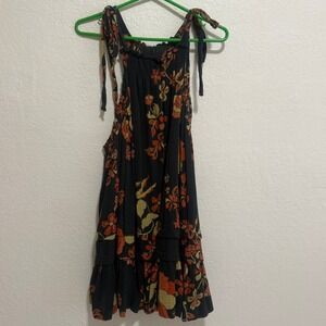 Free People Extratropical Mini Dress Black Floral Cotton Gauze Tie Strap Small